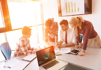 Image showing startup business team on meeting at modern office with sunset in