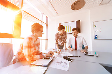 Image showing startup business team on meeting at modern office with sunset in