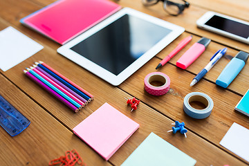 Image showing close up of school supplies and tablet pc