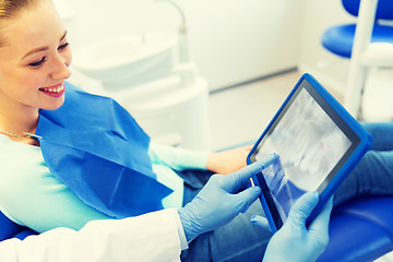 Image showing dentist with teeth x-ray on tablet pc and woman