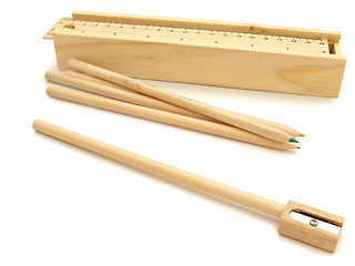 Image showing pencils, sharpener and pencil-box
