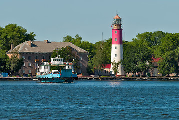 Image showing Nida ferry boat and lighthouse in Baltiysk. Russia