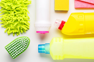 Image showing House cleaning products on white table