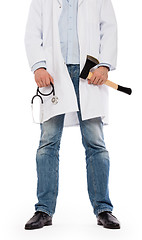 Image showing Evil medic holding a small axe and stethoscope