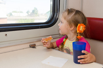 Image showing Little girl drinking tea with a sandwich on the train at the table on outboard second-class carriage and enthusiastically looking out the window