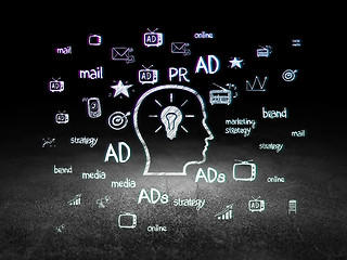 Image showing Advertising concept: Head With Lightbulb in grunge dark room