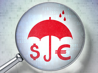 Image showing Protection concept: Money And Umbrella with optical glass on digital background