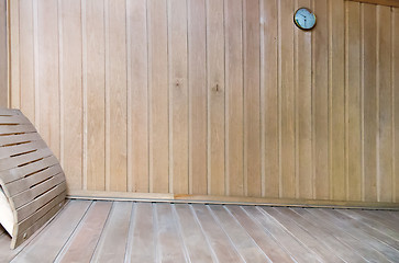 Image showing A small sauna with wooden walls