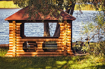 Image showing A beautiful gazebo on a picturesque Bank of the river.