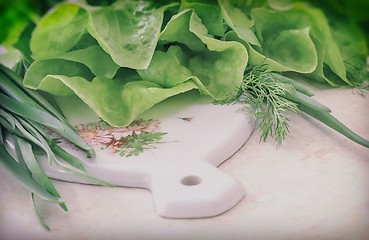 Image showing Vegetables: green onions, lettuce and dill