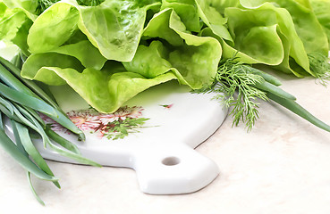 Image showing Vegetables: green onions, lettuce and dill