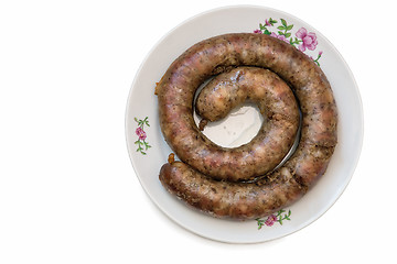 Image showing Fried pork sausage are homemade on a white background.