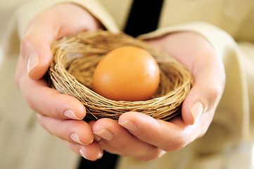 Image showing Hands holding nest with an egg