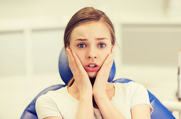 Image showing scared and terrified patient girl at dental clinic