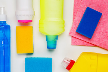 Image showing House cleaning products on white table