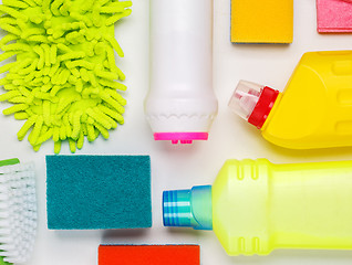 Image showing House cleaning products on white table