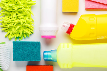 Image showing House cleaning products on white table