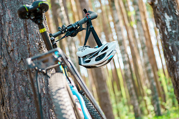 Image showing cycling helmet closeup on bicycle outdoors