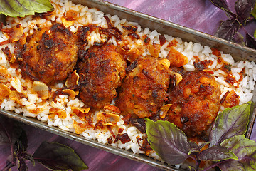 Image showing Roasted meatballs and rice