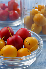 Image showing Glass containers filled by yellow and red mirabelle plums