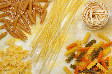 Image showing Variety of dry raw pastas over painted textile background