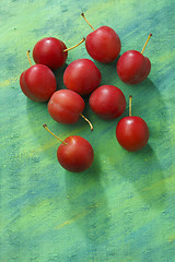 Image showing Red mirabelle plum fruits over painted textile background