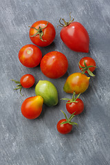 Image showing Variety of tomato fruits over painted textile background