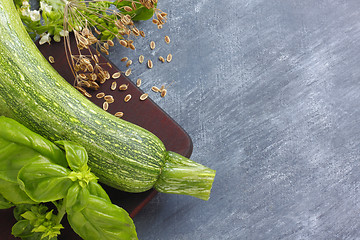Image showing Still life with courgette, basil and dill