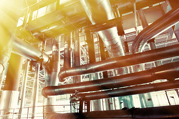 Image showing Industrial zone, Steel pipelines, valves, cables and walkways