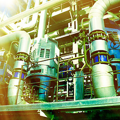 Image showing Pipes, tubes, machinery and steam turbine at a power plant