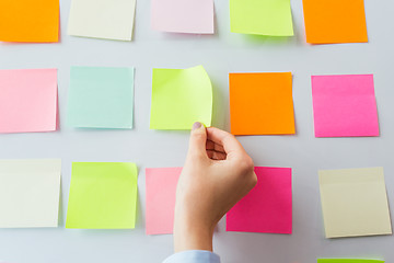 Image showing close up of hand pointing to sticker on flip chart