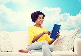 Image showing happy african american woman with tablet pc