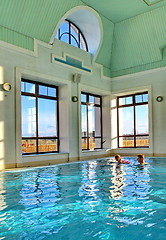 Image showing View of an indoor pool at a hotel