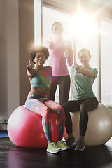 Image showing group of smiling women with exercise balls in gym