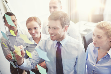 Image showing smiling business people with marker and stickers