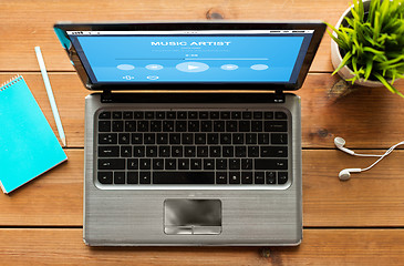 Image showing close up of laptop with music player on table