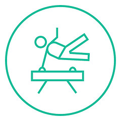 Image showing Gymnast exercising on pommel horse line icon.