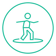 Image showing Male surfer riding on surfboard line icon.