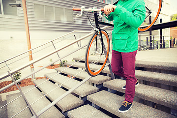 Image showing man with fixed gear bike going downstairs