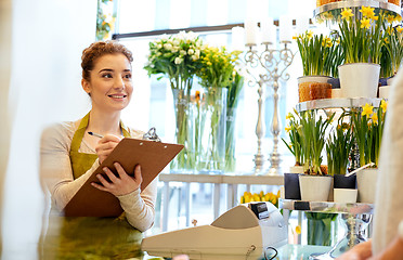 Image showing florist woman and man making order at flower shop