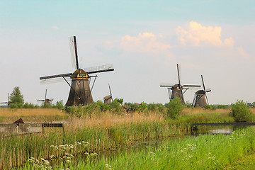 Image showing Traditional Dutch windmills with green grass in the foreground, The Netherlands