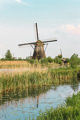 Image showing Traditional Dutch windmills with green grass in the foreground, The Netherlands