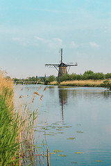 Image showing Traditional Dutch windmills with green grass in the foreground, The Netherlands