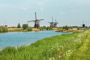 Image showing Traditional Dutch windmills with green grass in the foreground, The Netherlands