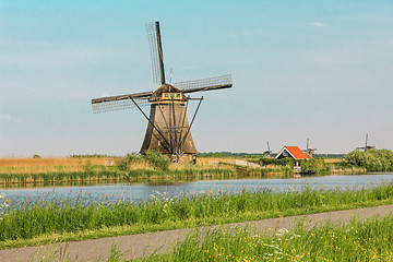 Image showing Traditional Dutch windmills with green grass in the foreground, The Netherlands