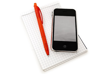 Image showing Phone, Notebook And Pen