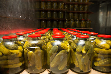 Image showing gurtsov conservation. Fresh cucumbers in jars