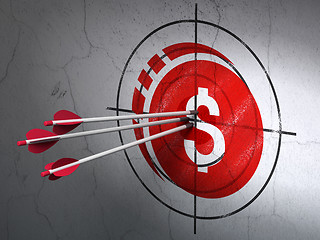 Image showing Banking concept: arrows in Dollar Coin target on wall background