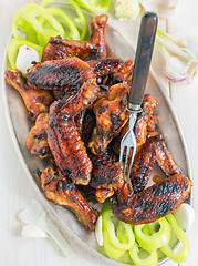 Image showing Plate with chicken wings in a sweet glaze. 