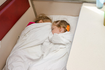 Image showing Two children sleep on the train on the same ground location in the second-class compartment wagon